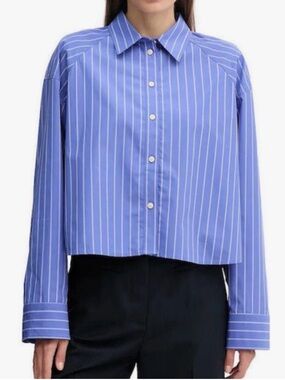 Zara Button Down Shirt, Cotton Poplin, Cropped, Blue & White Stripe, M